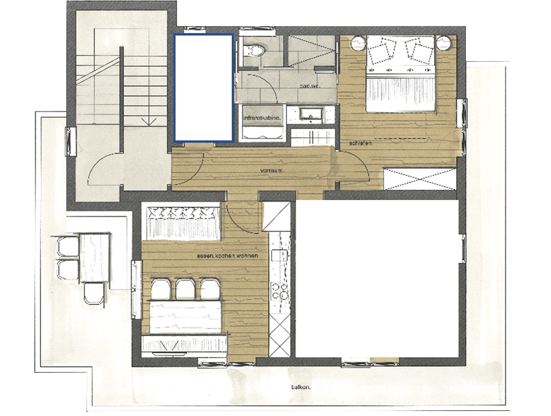 Grundriss des Appartements bei Belegung mit 2 Personen
