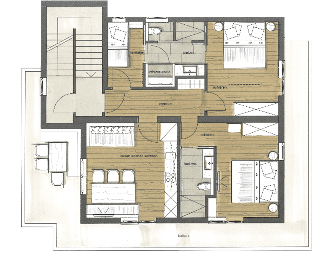 Grundriss des Appartements bei Belegung mit 4-6 Personen