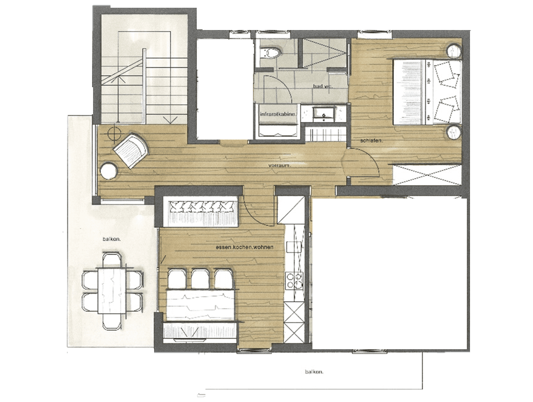 Grundriss Appartement bei Belegung mit 2 Personen